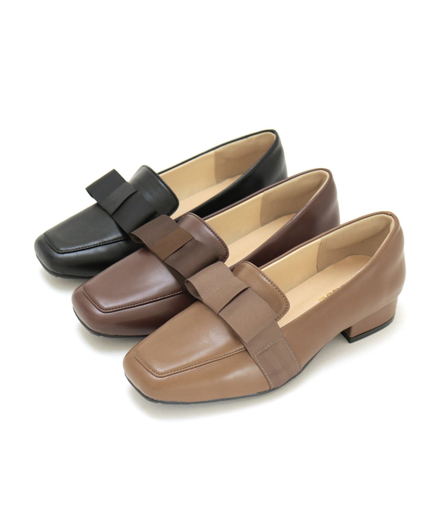 【4E幅広・大きいサイズ 防滑底】 グログランリボン ローヒール スクエアトゥパンプス