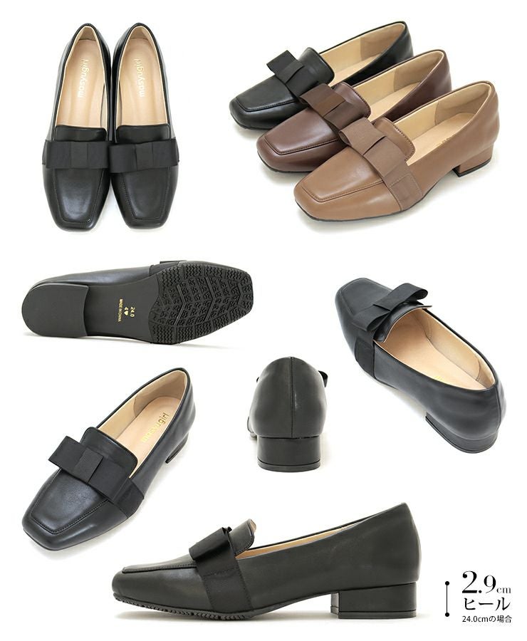 【4E幅広・大きいサイズ 防滑底】 グログランリボン ローヒール スクエアトゥパンプス