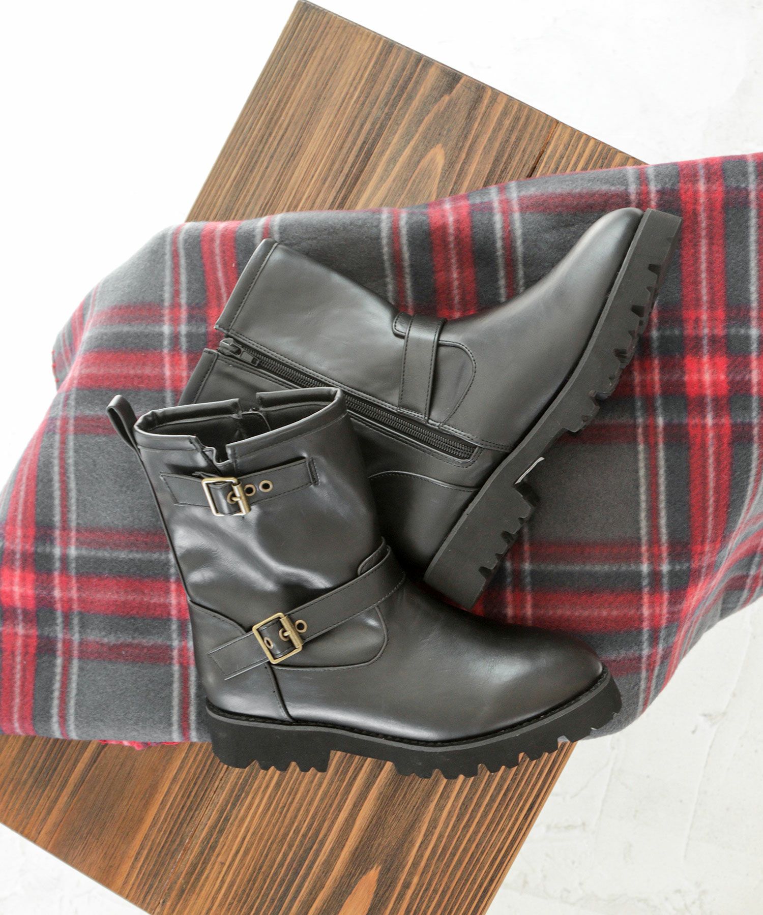 【4E幅広・大きいサイズ】厚底ダブルベルトサイドファスナー付きエンジニアブーツ