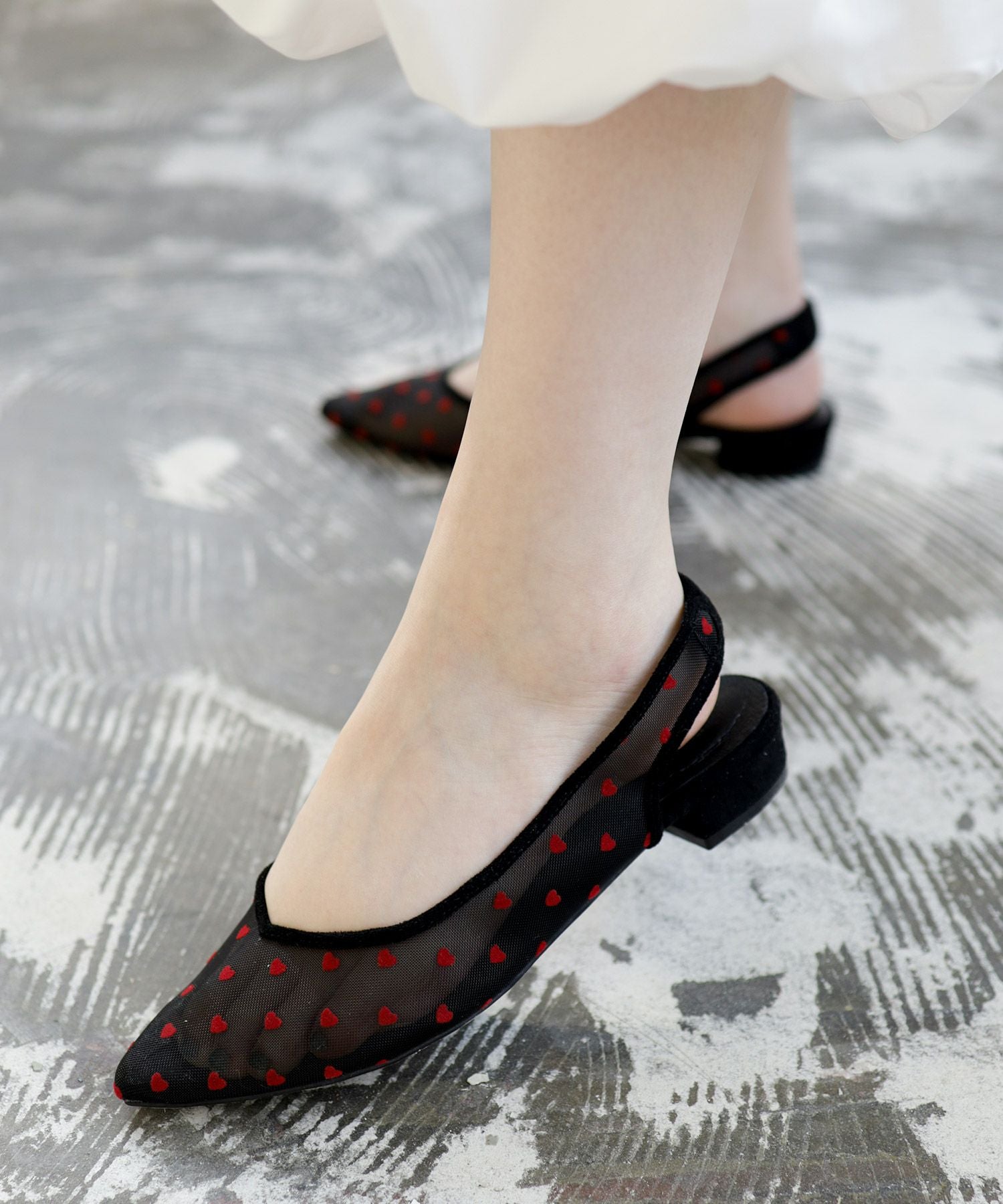 ハート柄チュールスリングバックパンプス▲返品不可